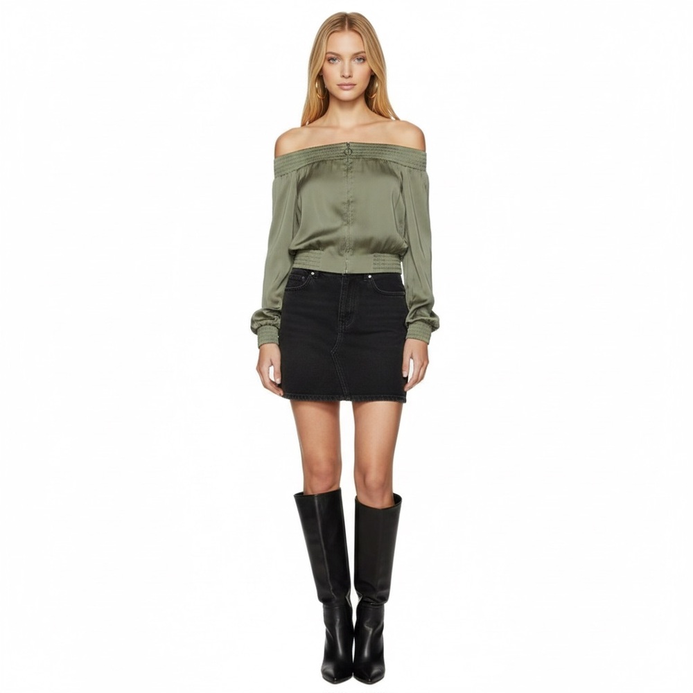 BCBGMAXAZRIA Olive Green Marco Off Shoulder Cropped Bomber Top Size S